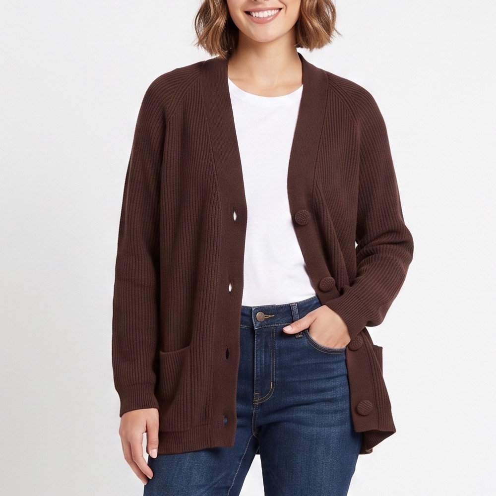 White Stag Cardigan Women L Ribbed Knit Brown Button-Down Pockets Excellent